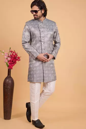 grey art silk sherwani for men 
