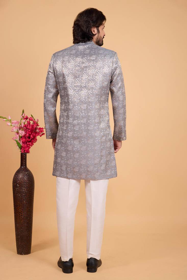 grey art silk sherwani for men 
