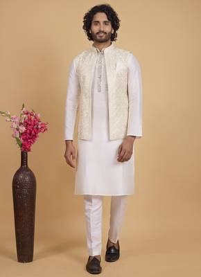 cream art silk 3 piece kurta nehru jacket set for men 1