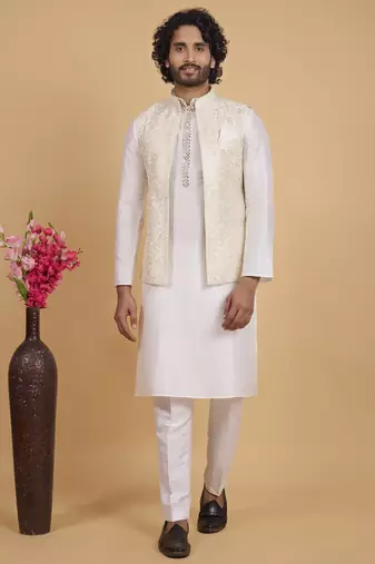 cream art silk 3 piece kurta nehru jacket set for men