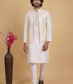 Cream art silk 3 piece kurta jacket set for men