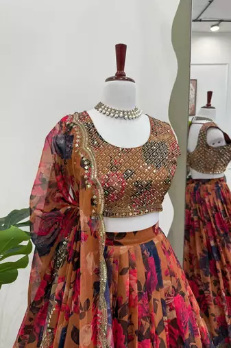 MultiColor Organza Digital Print Lehenga Choli