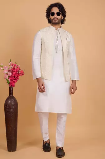 cream art silk 3 piece kurta nehru jacket set for men