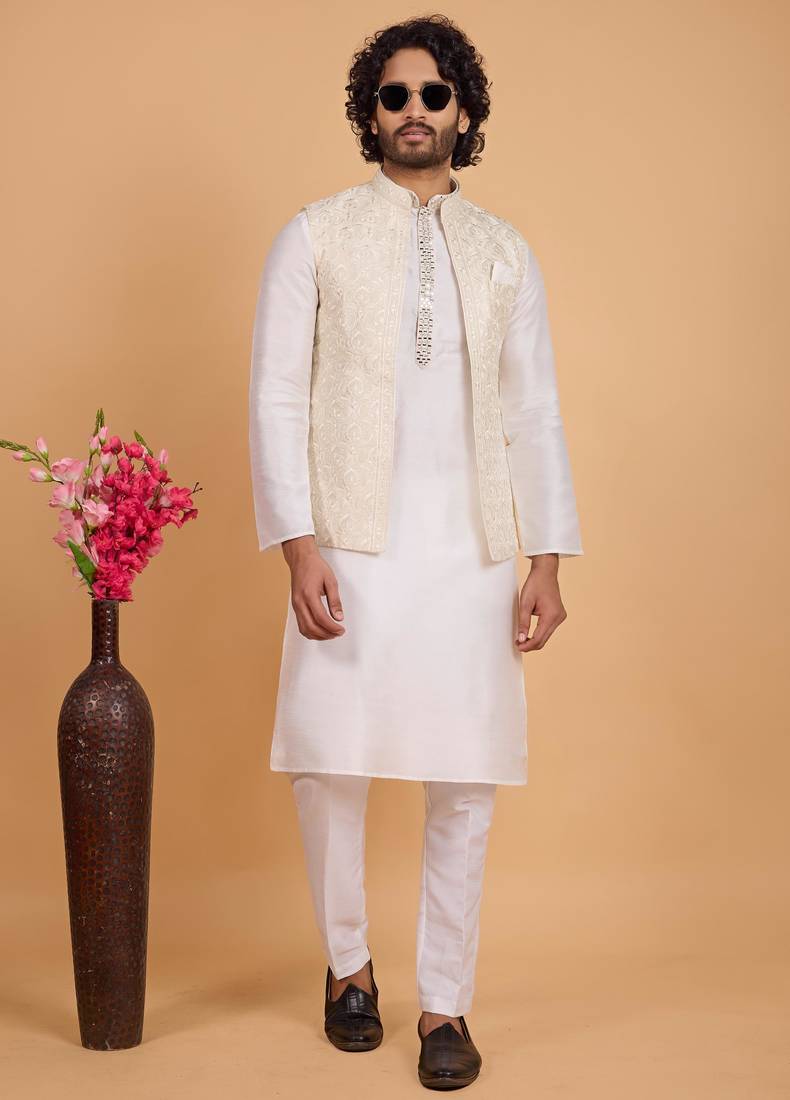 Cream art silk 3 piece kurta jacket set for men