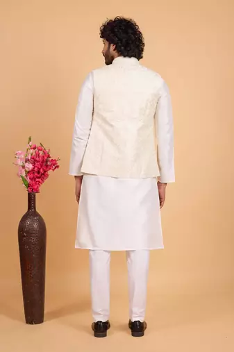 cream art silk 3 piece kurta nehru jacket set for men