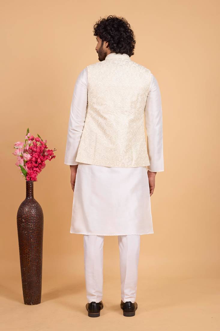 Cream art silk 3 piece kurta jacket set for men