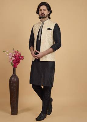 beige art silk 3 piece kurta nehru jacket set for men 1