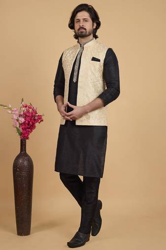 beige art silk 3 piece kurta nehru jacket set for men