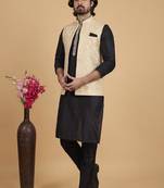 Beige art silk 3 piece kurta jacket set for men