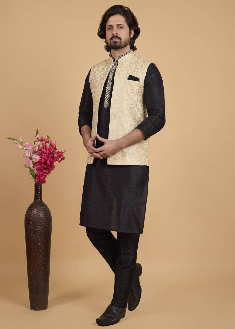 Beige art silk 3 piece kurta jacket set for men