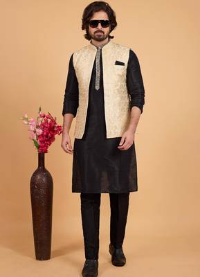 beige art silk 3 piece kurta nehru jacket set for men 2