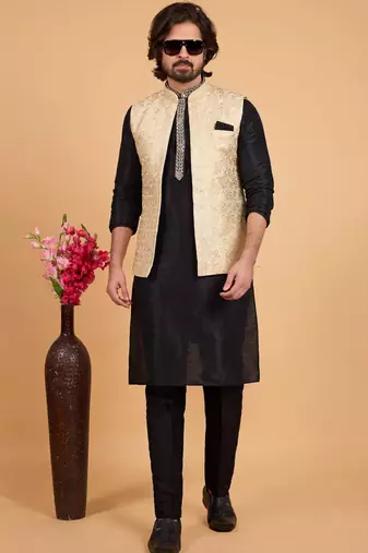 beige art silk 3 piece kurta nehru jacket set for men