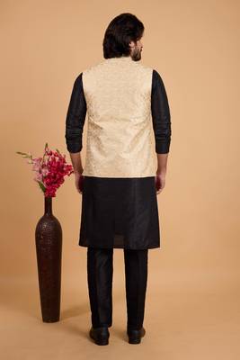 beige art silk 3 piece kurta nehru jacket set for men 3