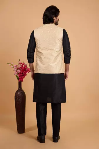 beige art silk 3 piece kurta nehru jacket set for men