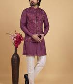 Wine art silk 3 piece kurta jacket set for men