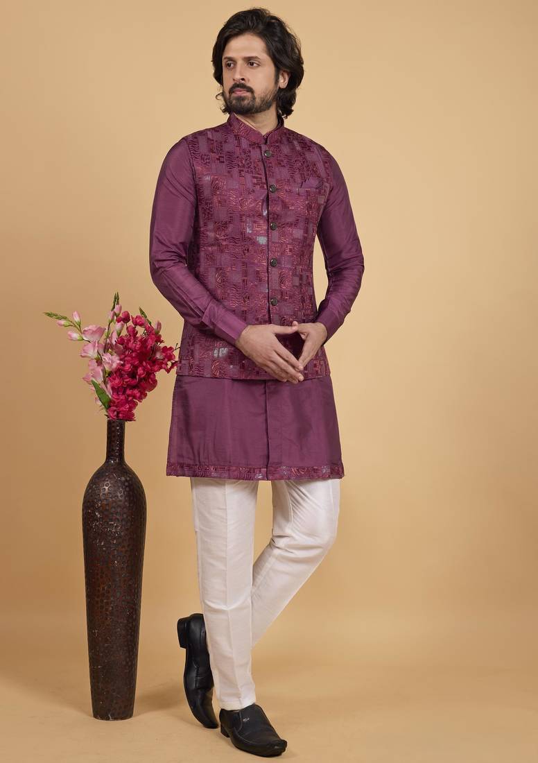 Wine art silk 3 piece kurta jacket set for men