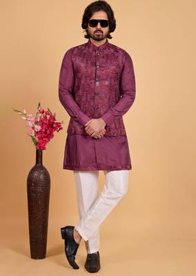 wine art silk 3 piece kurta nehru jacket set for men 2