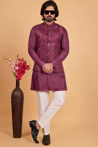 wine art silk 3 piece kurta nehru jacket set for men