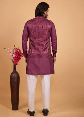 wine art silk 3 piece kurta nehru jacket set for men 3