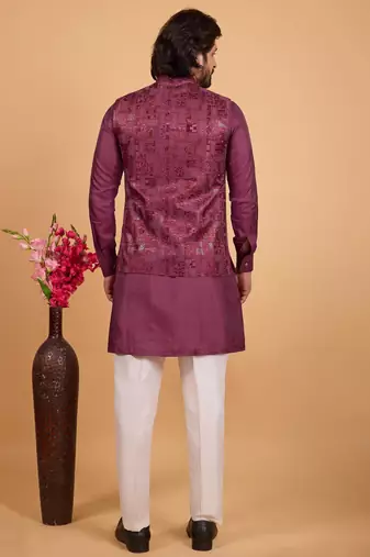 wine art silk 3 piece kurta nehru jacket set for men