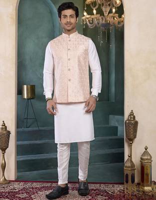 pink art silk 3 piece kurta nehru jacket set for men 1