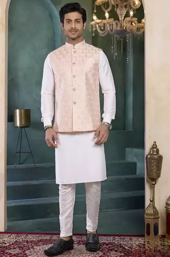 Pink art silk 3 piece kurta jacket set for men