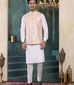 Pink art silk 3 piece kurta jacket set for men