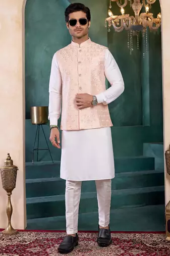 pink art silk 3 piece kurta nehru jacket set for men