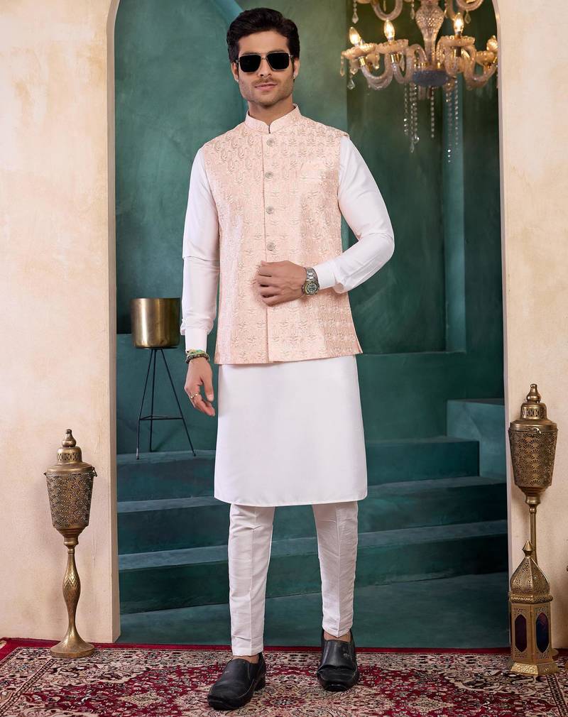 Pink art silk 3 piece kurta jacket set for men