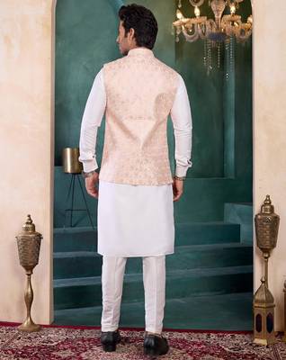 pink art silk 3 piece kurta nehru jacket set for men 3
