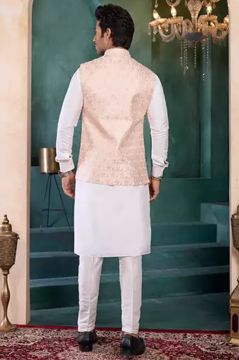 pink art silk 3 piece kurta nehru jacket set for men