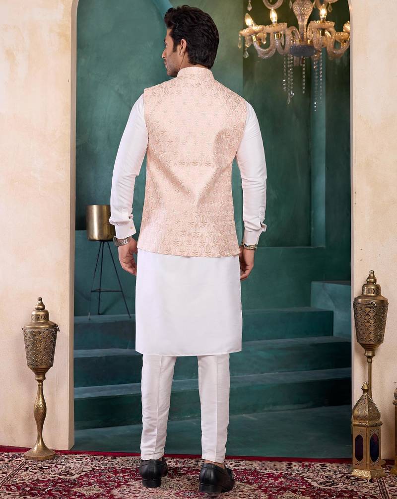 Pink art silk 3 piece kurta jacket set for men