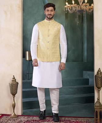 yellow art silk 3 piece kurta nehru jacket set for men 1