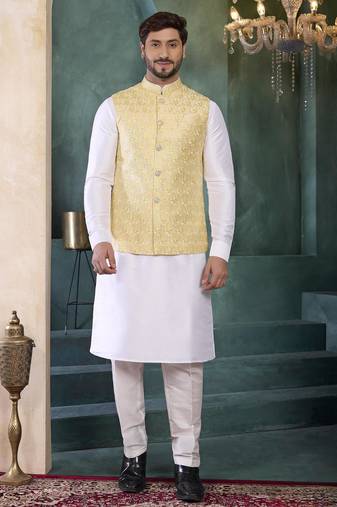 yellow art silk 3 piece kurta nehru jacket set for men
