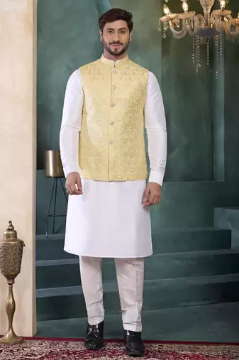 yellow art silk 3 piece kurta nehru jacket set for men