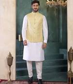 Yellow art silk 3 piece kurta jacket set for men