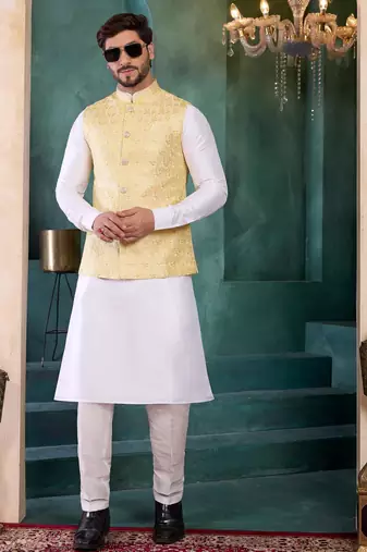 yellow art silk 3 piece kurta nehru jacket set for men