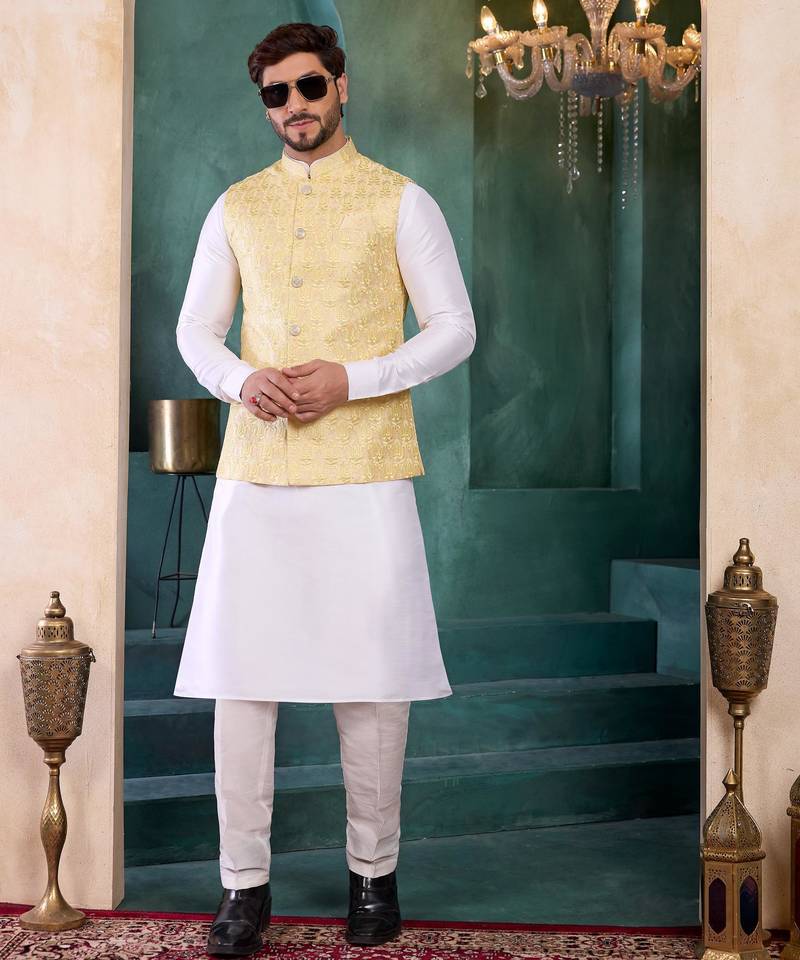 Yellow art silk 3 piece kurta jacket set for men