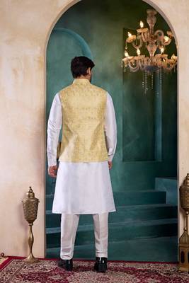 yellow art silk 3 piece kurta nehru jacket set for men 3