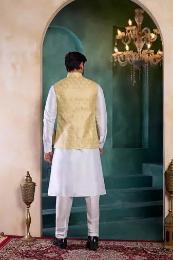 yellow art silk 3 piece kurta nehru jacket set for men