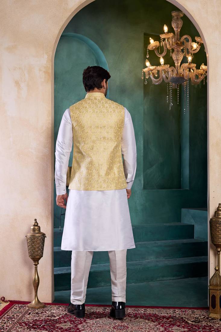 Yellow art silk 3 piece kurta jacket set for men