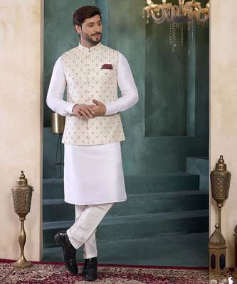 cream art silk 3 piece kurta nehru jacket set for men 1