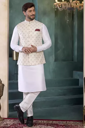 cream art silk 3 piece kurta nehru jacket set for men
