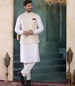 Cream art silk 3 piece kurta jacket set for men