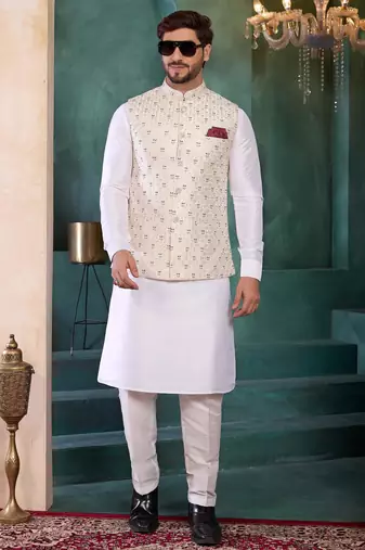 cream art silk 3 piece kurta nehru jacket set for men