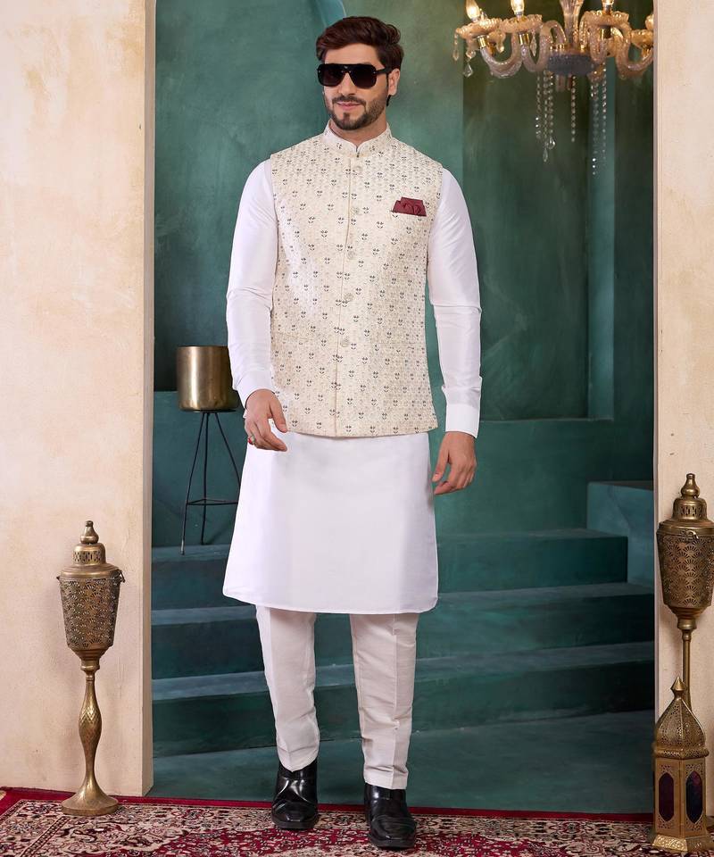 Cream art silk 3 piece kurta jacket set for men