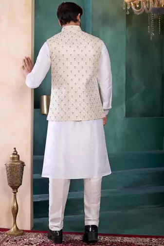 cream art silk 3 piece kurta nehru jacket set for men