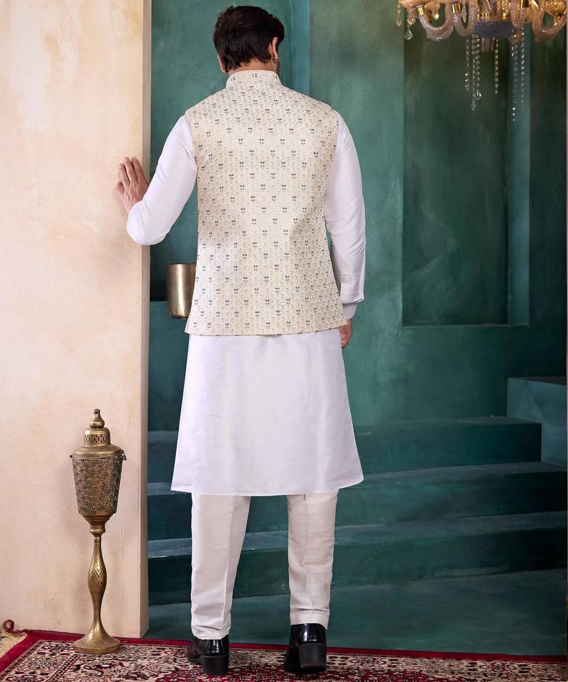 Cream art silk 3 piece kurta jacket set for men