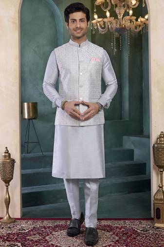 grey art silk 3 piece kurta nehru jacket set for men