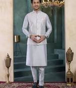 Grey art silk 3 piece kurta jacket set for men